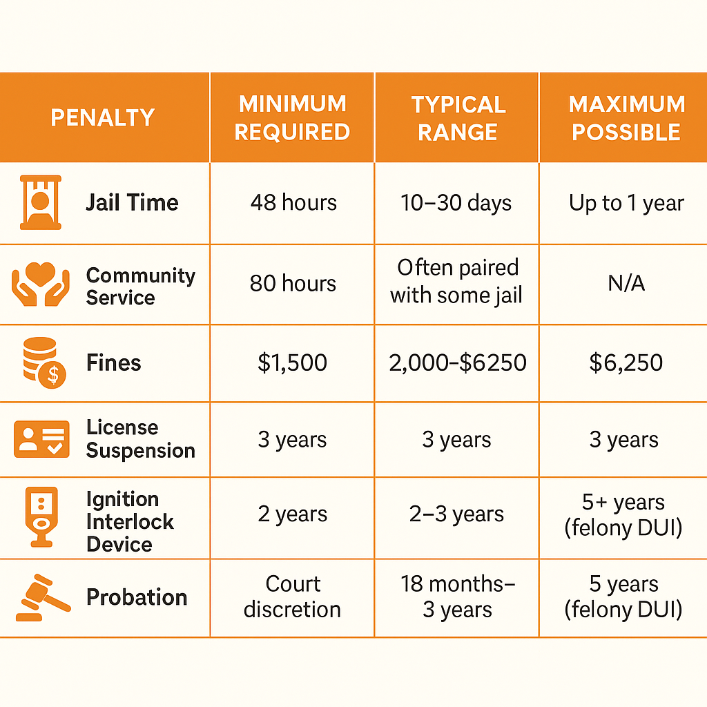 infographic of typical penalties for second DUI in Oregon